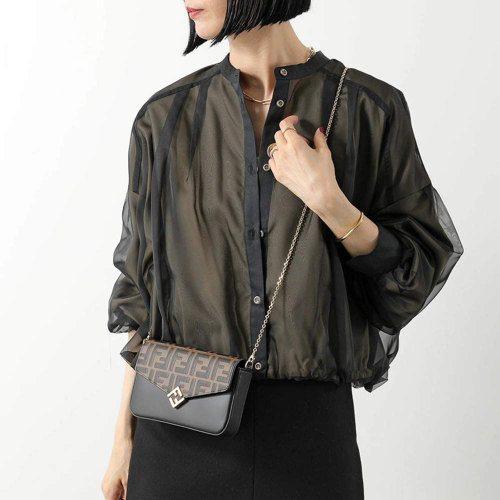 Fendi FF Wallet DIAMOND Leather Shoulder Bag Zucca MAYABLACK Chain Black